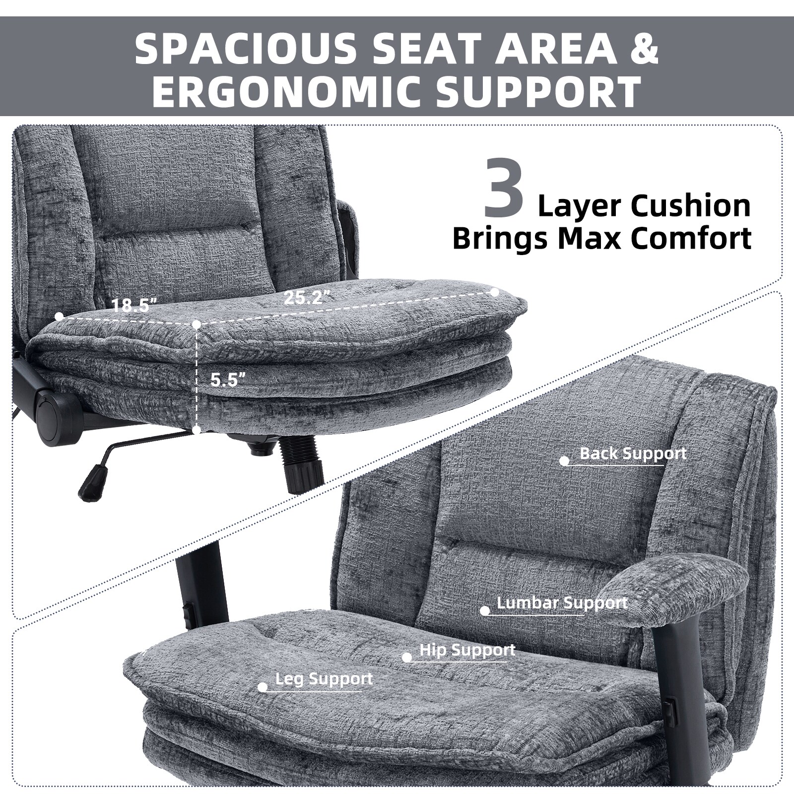 Criss Cross Chair With Wheels And Flip Arms, Upholstered Cross Legged Office Chair With 3 Layer Cushions&Dynamic Airbag Lumbar Support, Wide Seat Comfy Desk Chair For Home Office, Living Room, Grey_maomaolike.com